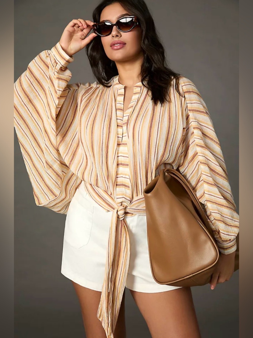 Anthropologie Stripe Tie Front Top Wide Dolman Sleeves Flowy Oversized 70s Boho